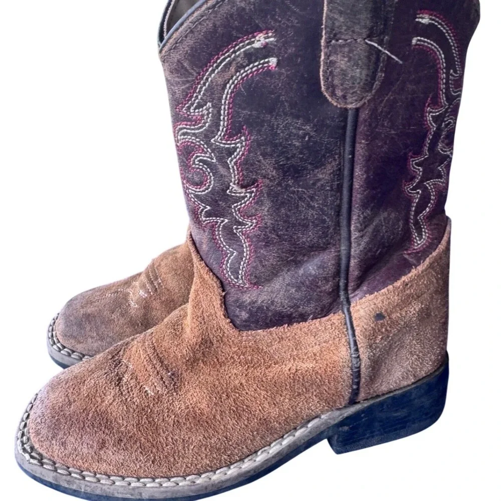 Old West Kids Cowboy Boots 8.5  Brown Leather Suede Square Toe Zip Western Rodeo